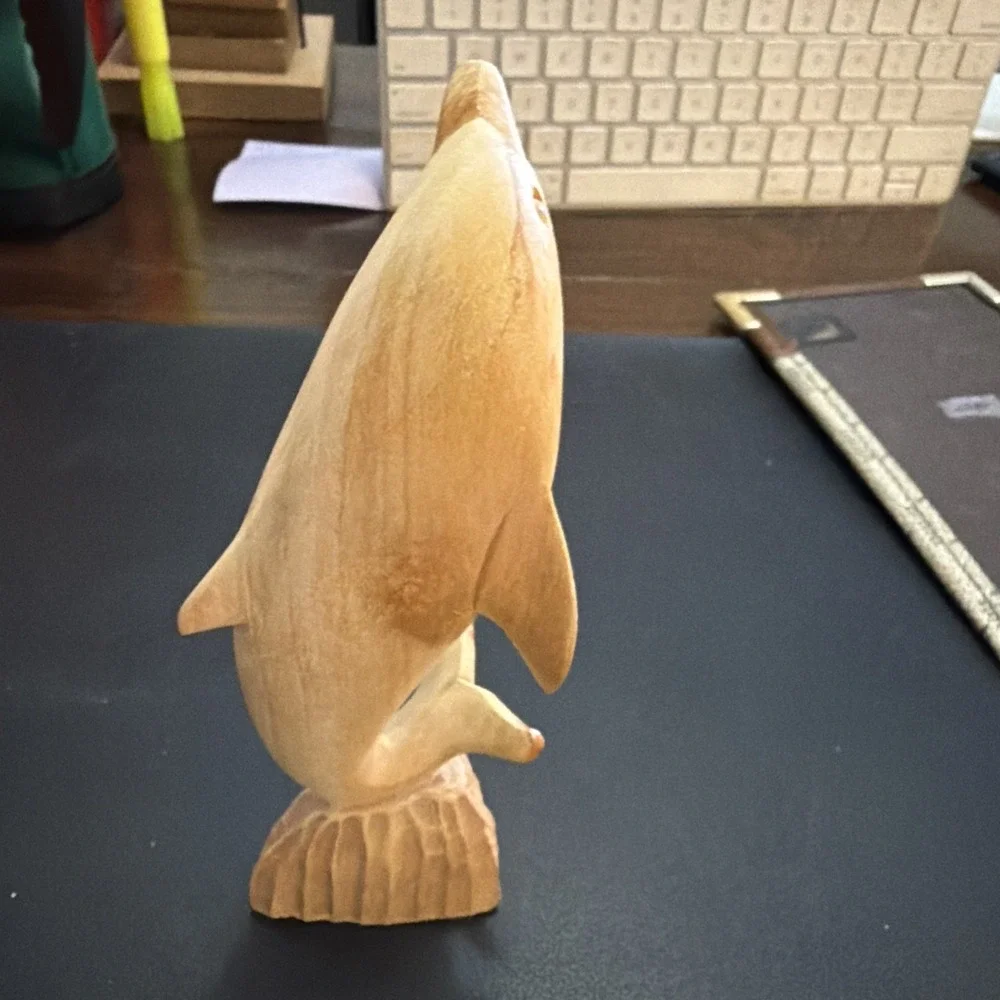 Vintage Hand Carved Wooden Dolphin Figurine On Base 6